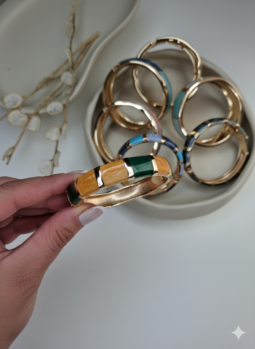 بنگل میناکاری طرح بامبو هندسی سبز زمردی و خردلی