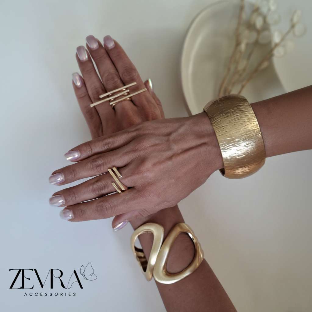 دستبند بنگل پهن بافت‌دار و کاف حجم‌دار طلایی