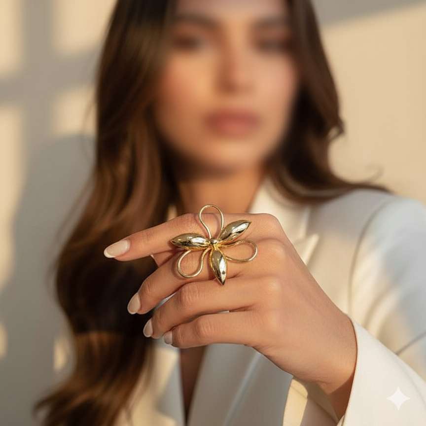انگشتر گل درشت طلایی کوکتل رینگ مینیمال