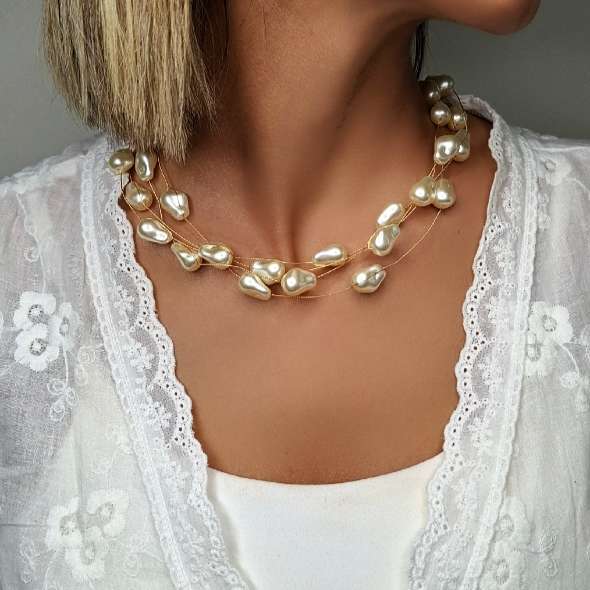 گردنبند مروارید باروک چند لایه | آویز نامنظم شیک و ترند